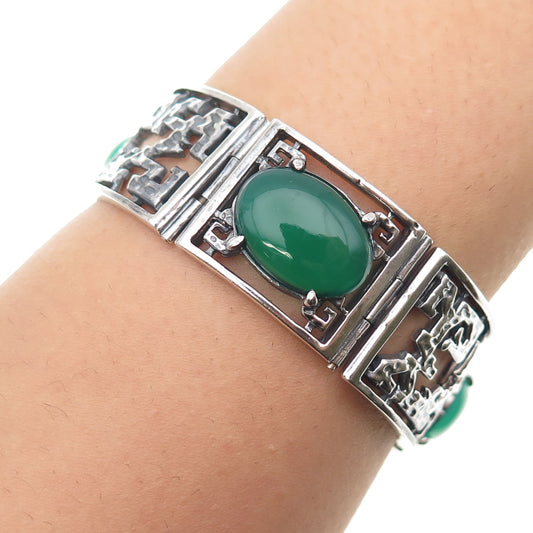 925 Sterling Silver Vintage Real Green Onyx Oxidized Panel Link Bracelet 7.25"