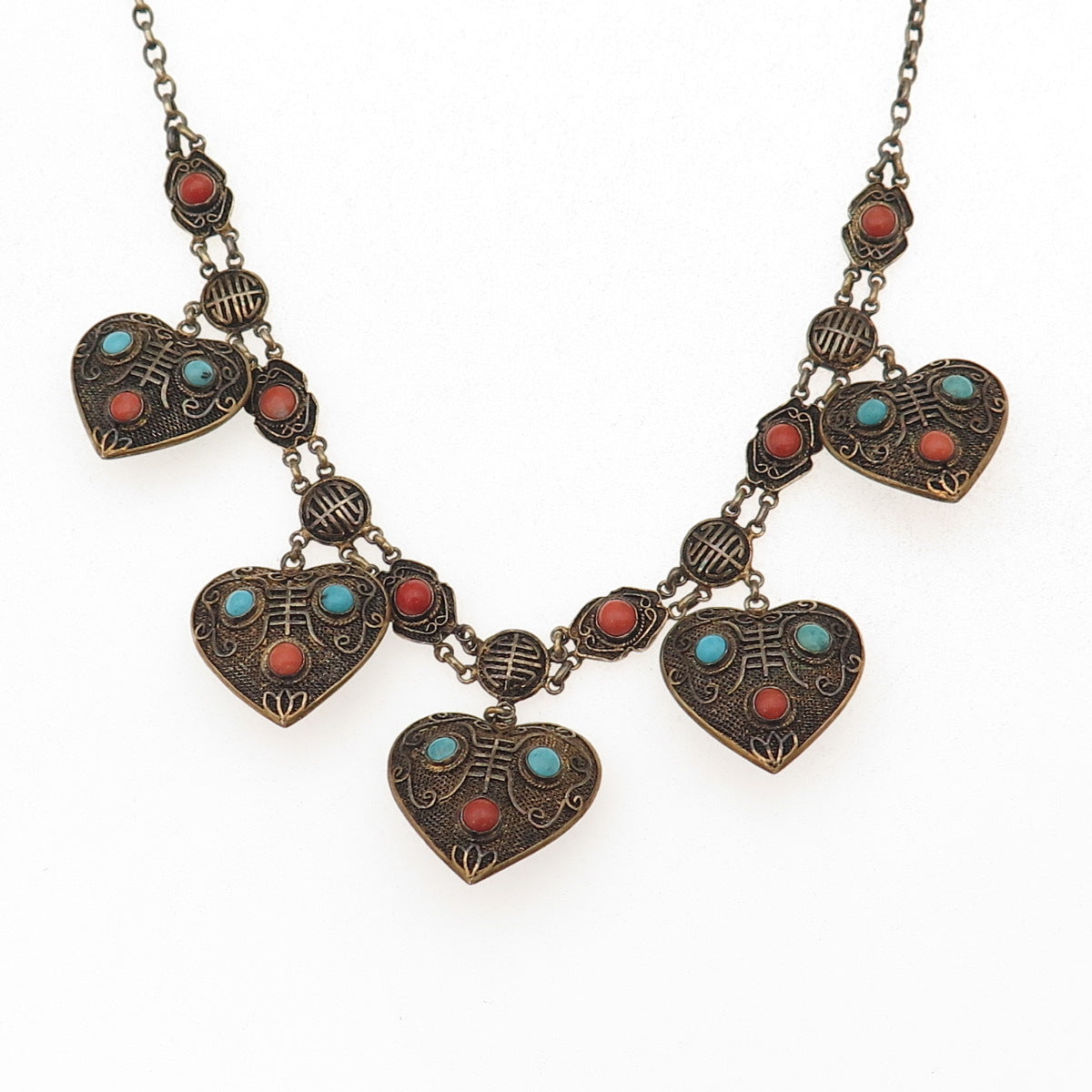 925 Sterling Gold Plated Antique Turquoise & Coral Chinese Heart Necklace 18"