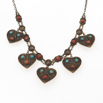 925 Sterling Gold Plated Antique Turquoise & Coral Chinese Heart Necklace 18"