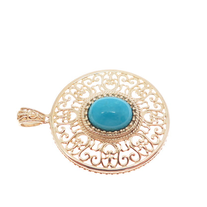 ROSS SIMONS Sterling Silver Gold Plated Vintage Real Turquoise Ornate Pendant