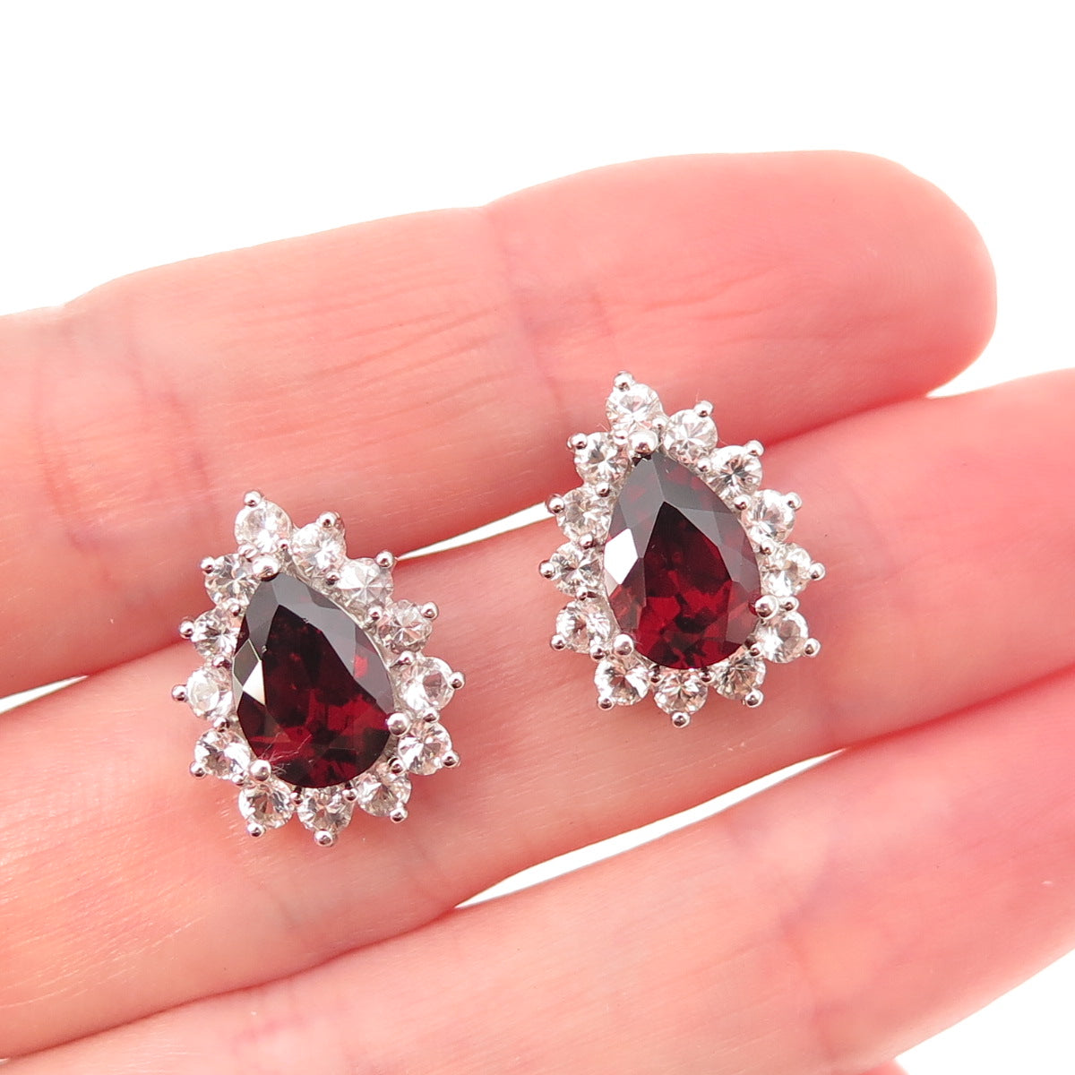 Harold Trujillo 925 Sterling Silver Real Red Garnet & C Z Teardrop Earrings