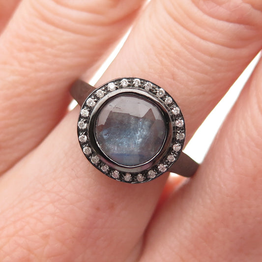 925 Sterling Silver Black Rhodium Real Round-Cut Diamond & Sapphire Ring Size 7
