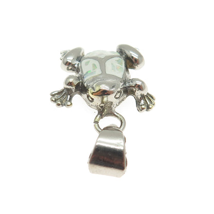 925 Sterling Silver Vintage Real Opal Inlay Frog For Good Luck Oxidized Pendant