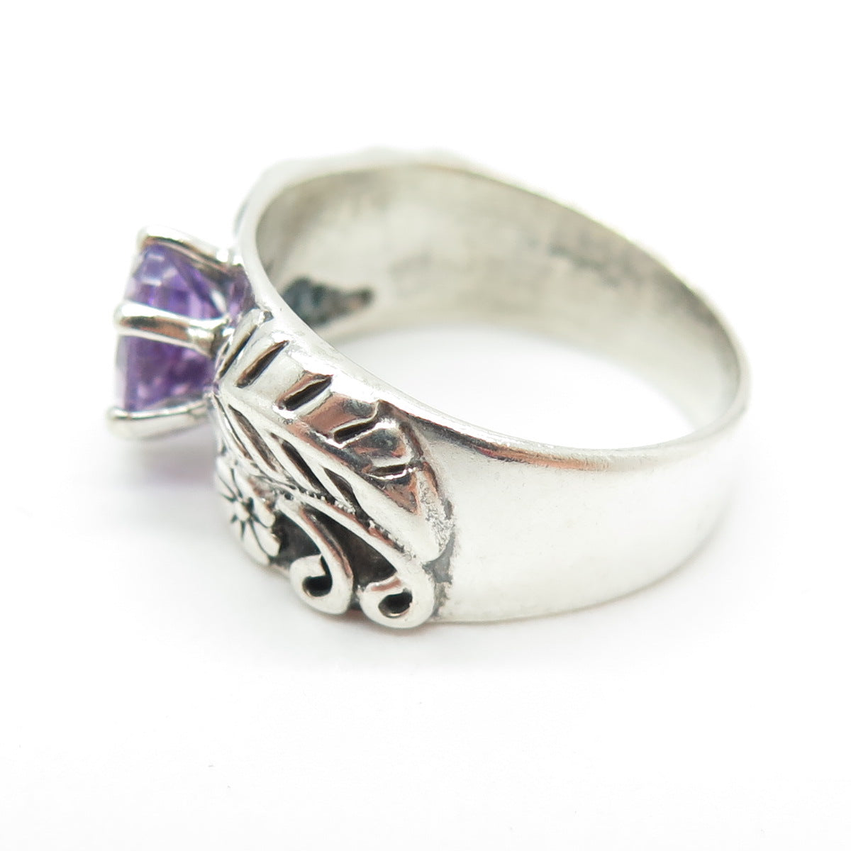 CAROLYN POLLACK 925 Sterling Silver Vintage Real Amethyst Feather Ring Size 8.25