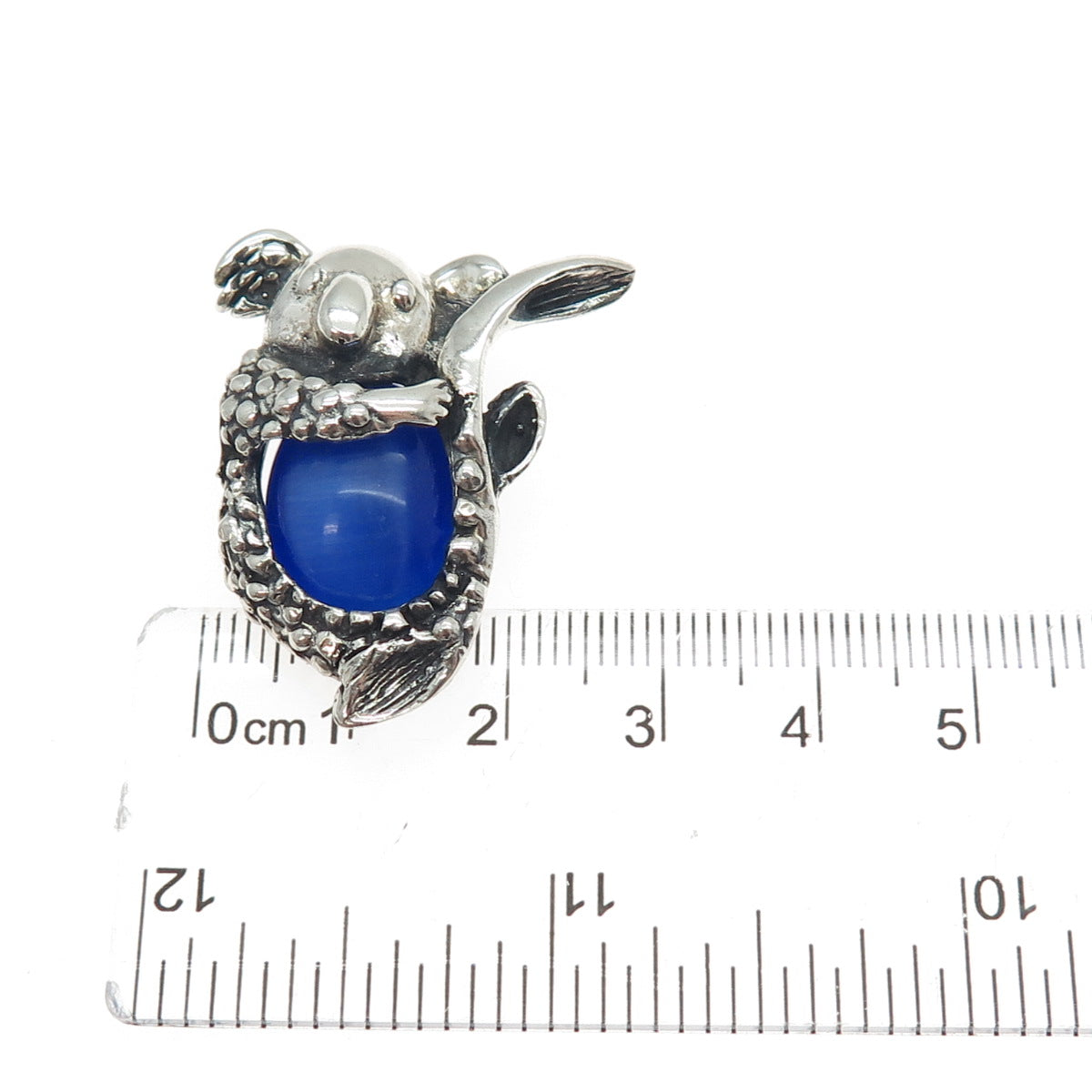 925 Sterling Silver Vintage Fiber Optic Blue Cat's Eye Koala Oxidized Pendant
