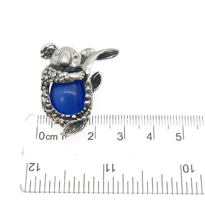 925 Sterling Silver Vintage Fiber Optic Blue Cat's Eye Koala Oxidized Pendant