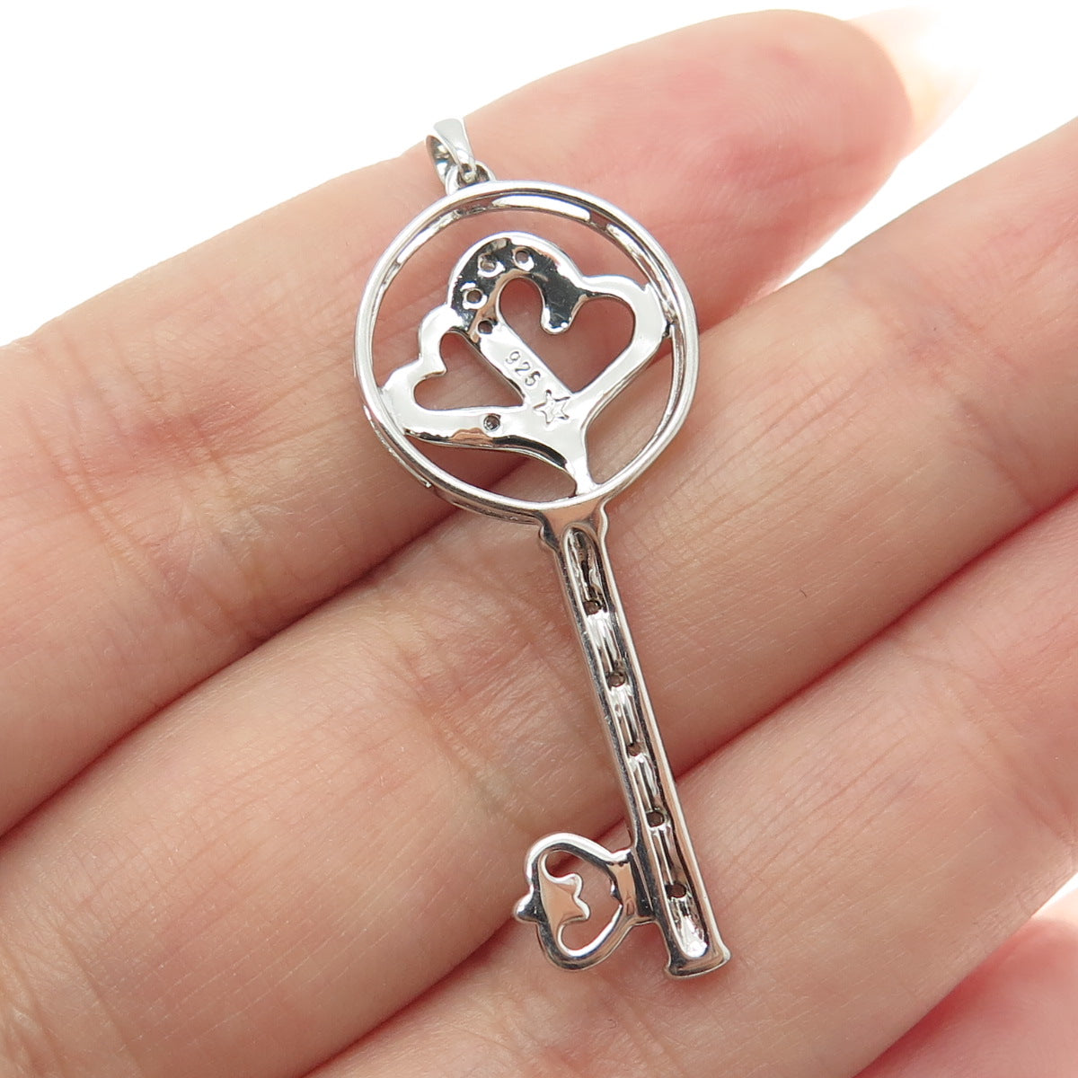 925 Sterling Silver Real Round-Cut Diamond Heart Key Pendant