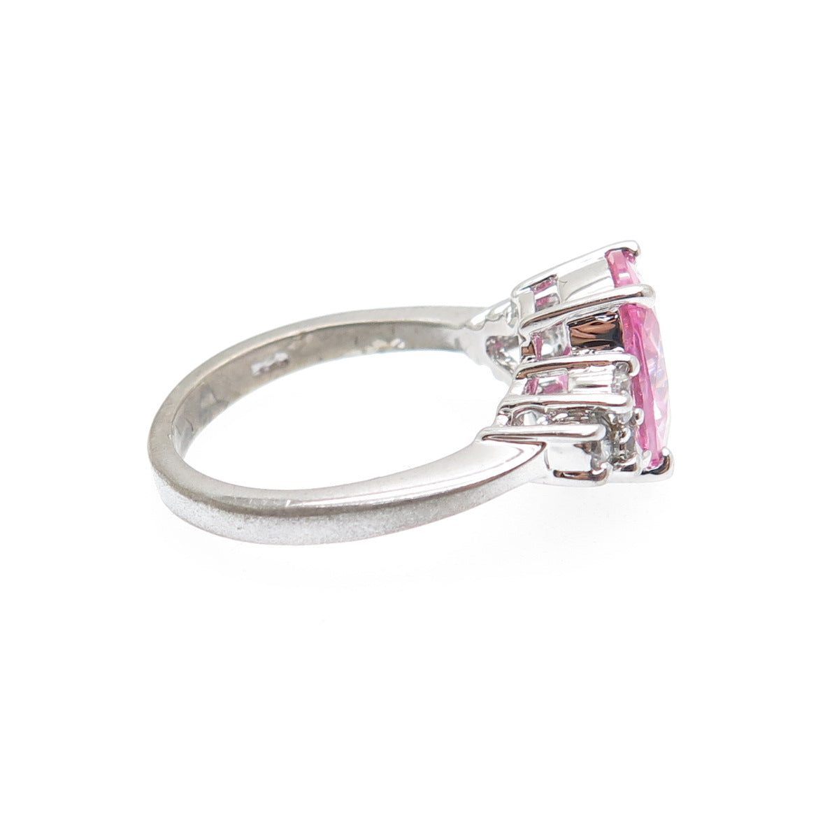 925 Sterling Silver Vintage Oval-Cut Pink & Round-Cut White C Z Ring Size 7.25