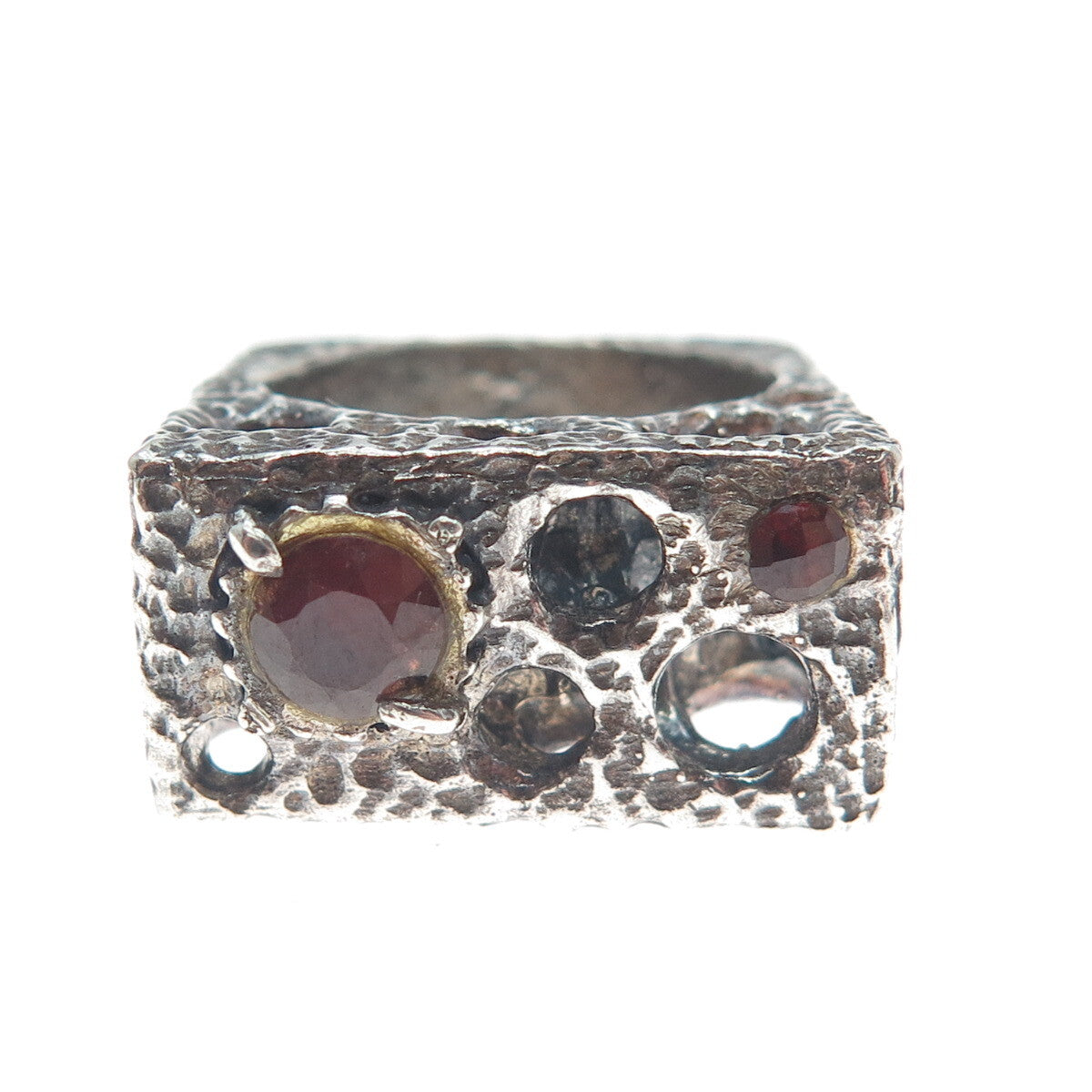 925 Sterling Silver 2-Tone Vintage Real Garnet Modernist Oxidized Ring Size 5