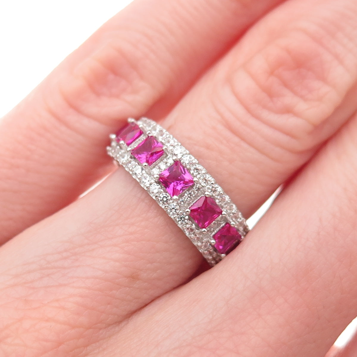 925 Sterling Silver Lab-Created Ruby & C Z Band Ring Size 5.25