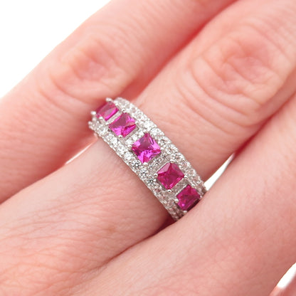 925 Sterling Silver Lab-Created Ruby & C Z Band Ring Size 5.25