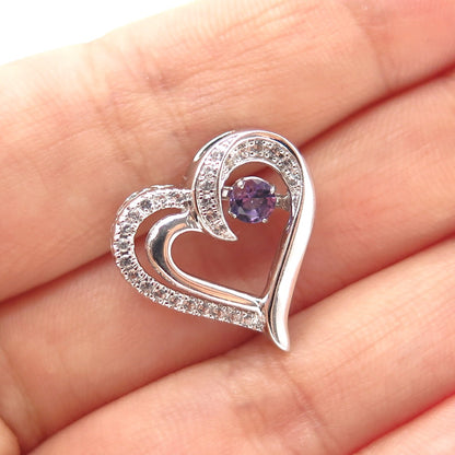 925 Sterling Silver Real Amethyst & White Topaz Heart Minimalist Slide Pendant