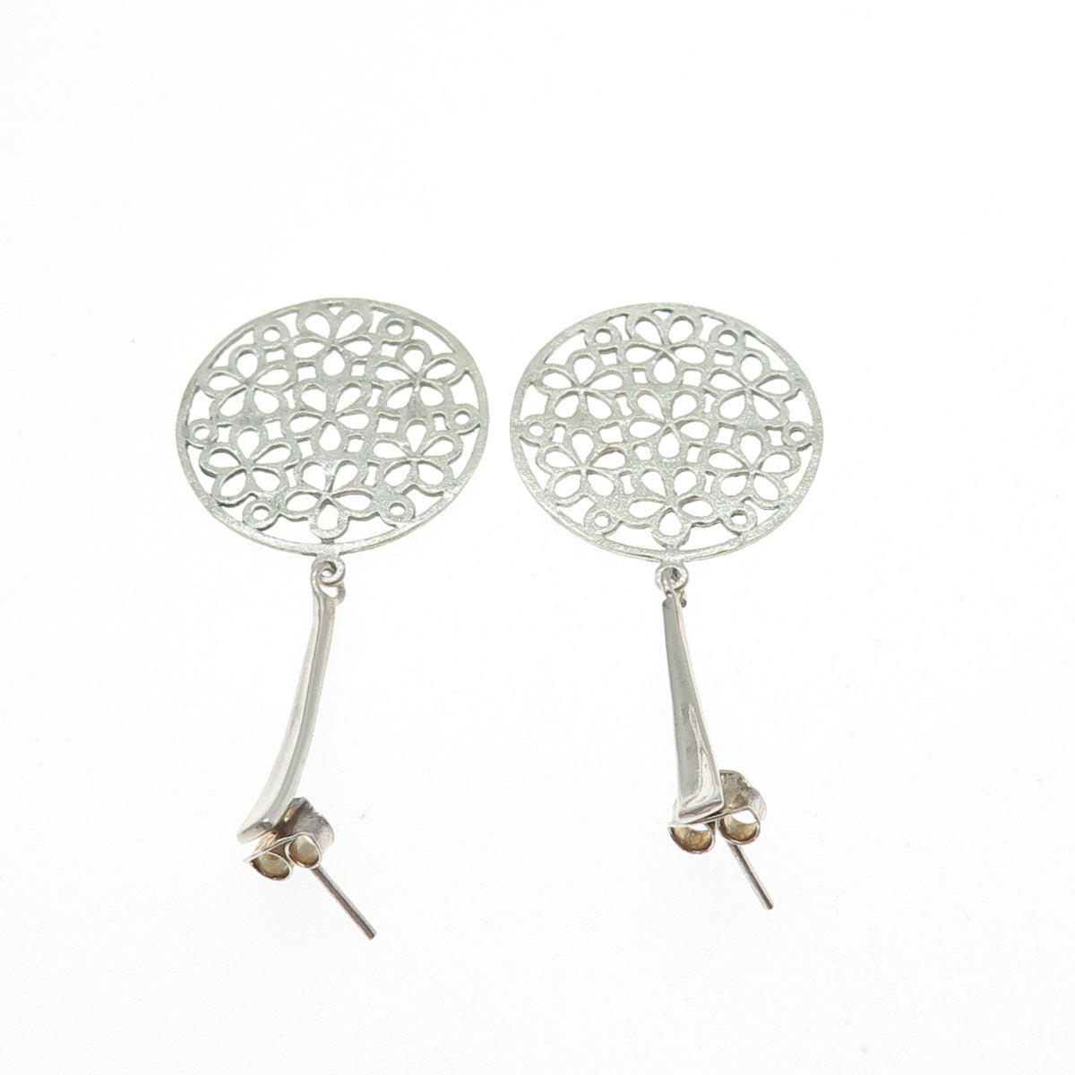 925 Sterling Silver Vintage Flower Disc Dangle Earrings