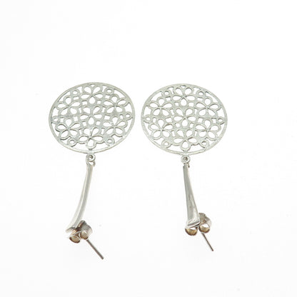 925 Sterling Silver Vintage Flower Disc Dangle Earrings