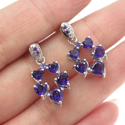 925 Sterling Silver Real White Topaz & Amethyst Gemstone Dangling Earrings