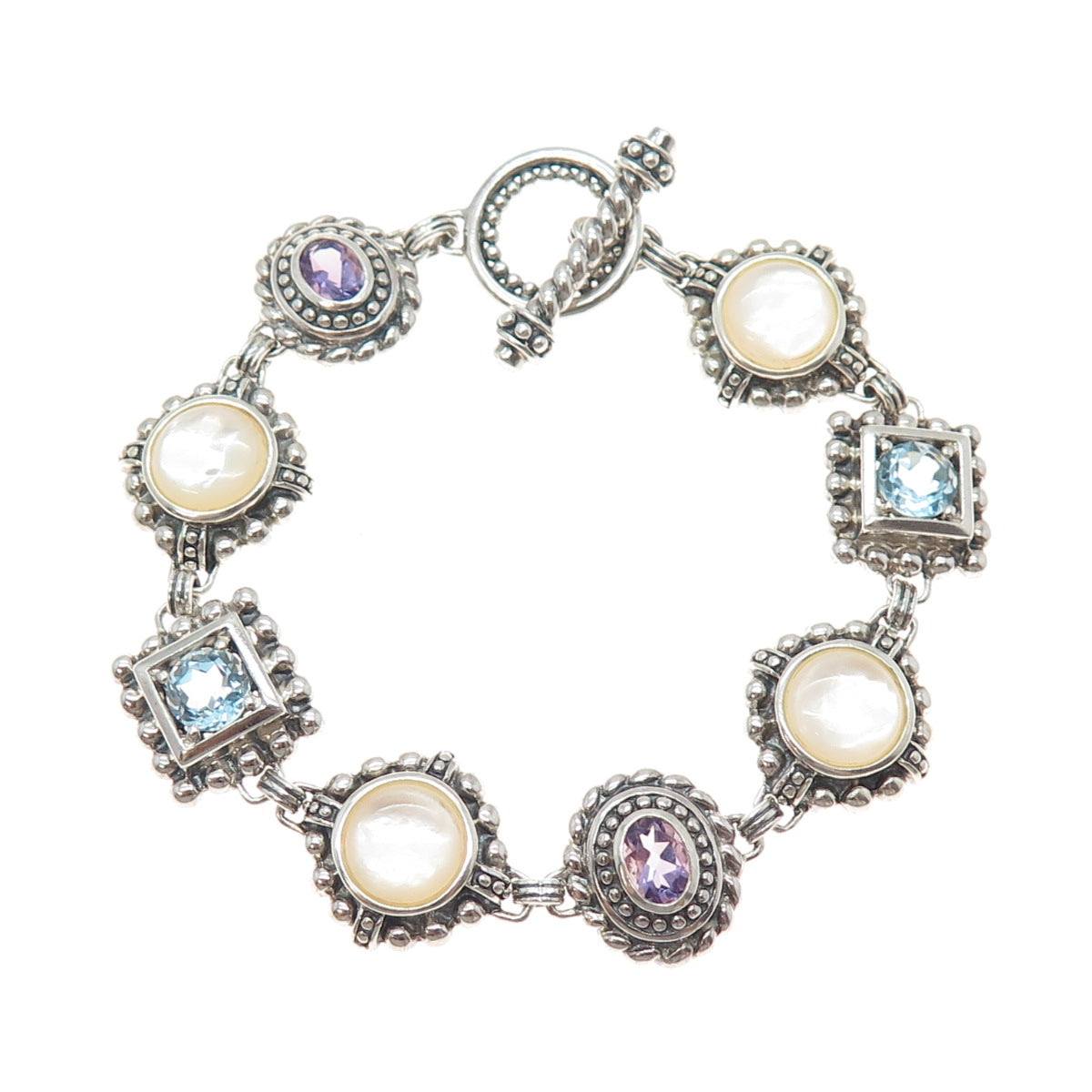 925 Sterling Silver Vintage Real Blue Topaz Amethyst & MOP Bracelet 7.5"