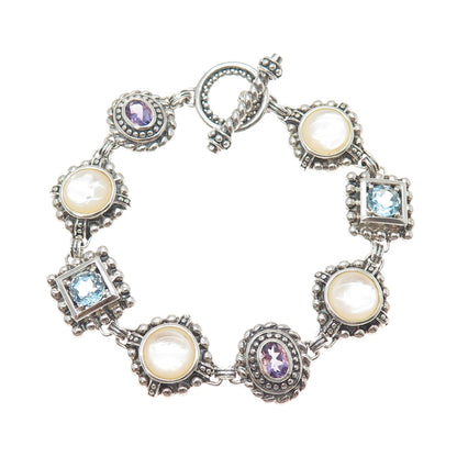 925 Sterling Silver Vintage Real Blue Topaz Amethyst & MOP Bracelet 7.5"