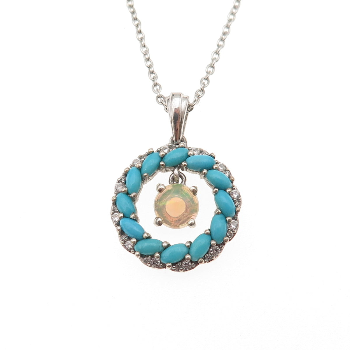 Chuck Clemency 925 Sterling Silver Real Turquoise Opal White Topaz Necklace 20"