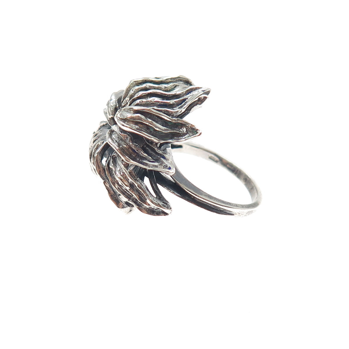 925 Sterling Silver Vintage Modernist Flower Oxidized Ring Size 6