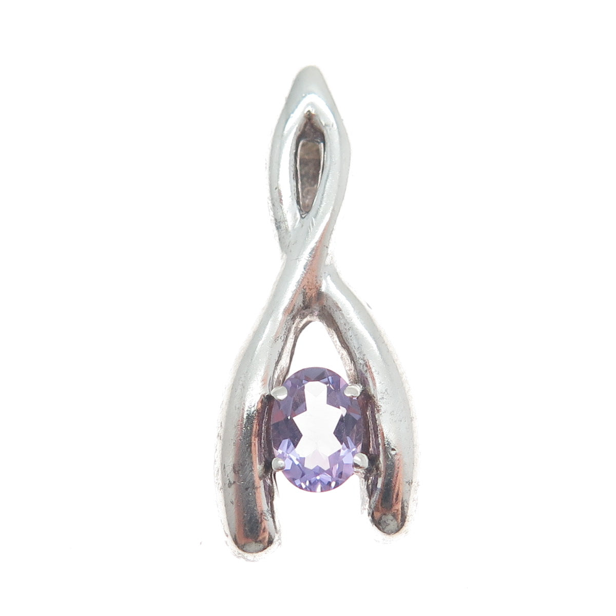 925 Sterling Silver Vintage Real Amethyst Twisted Wishbone Mini Charm Pendant