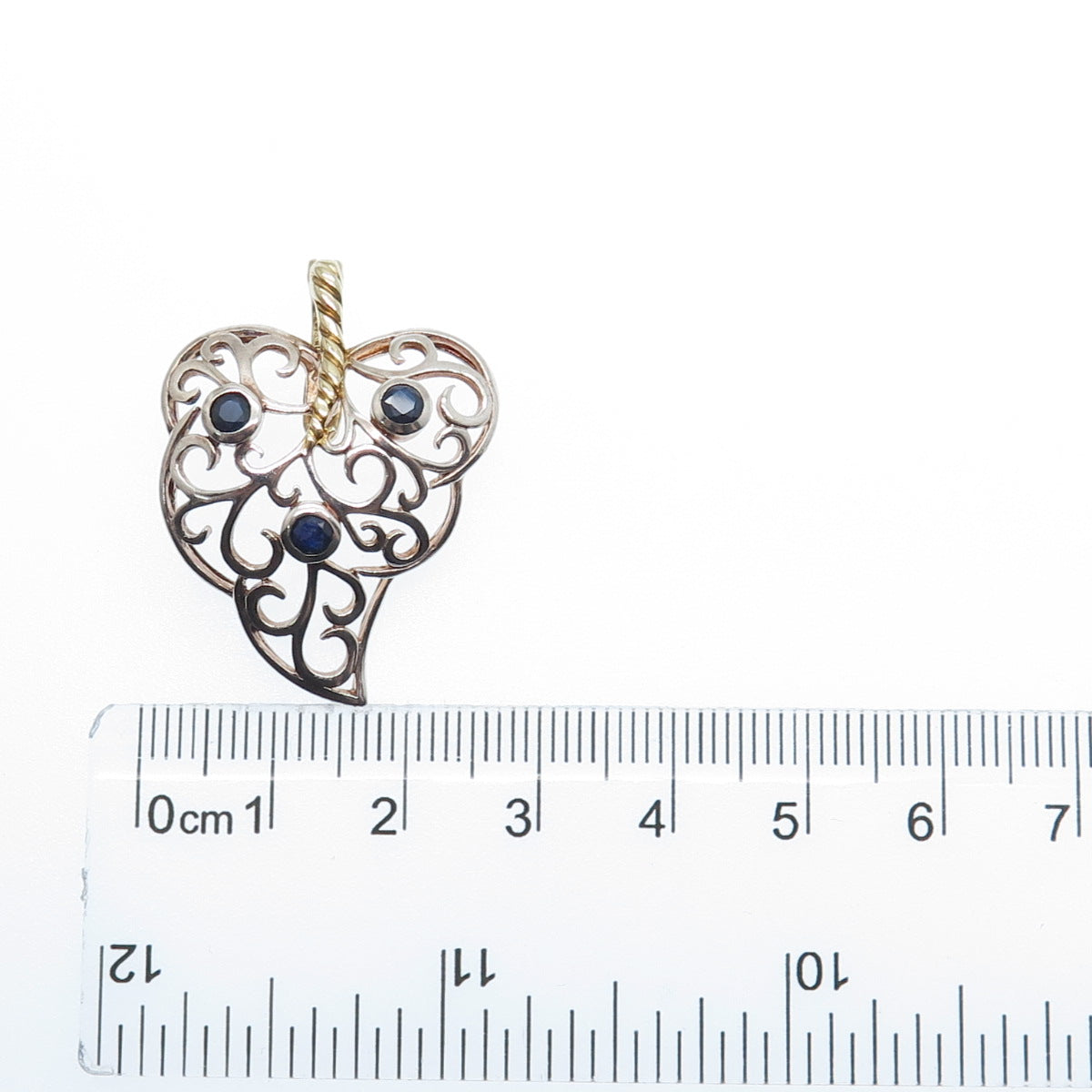 925 Sterling Silver 2-Tone Vintage Real Sapphire Floral Leaf Charm Pendant