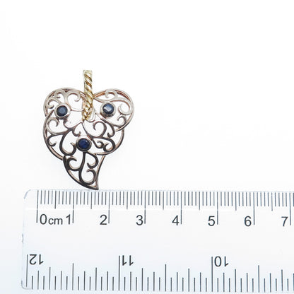 925 Sterling Silver 2-Tone Vintage Real Sapphire Floral Leaf Charm Pendant