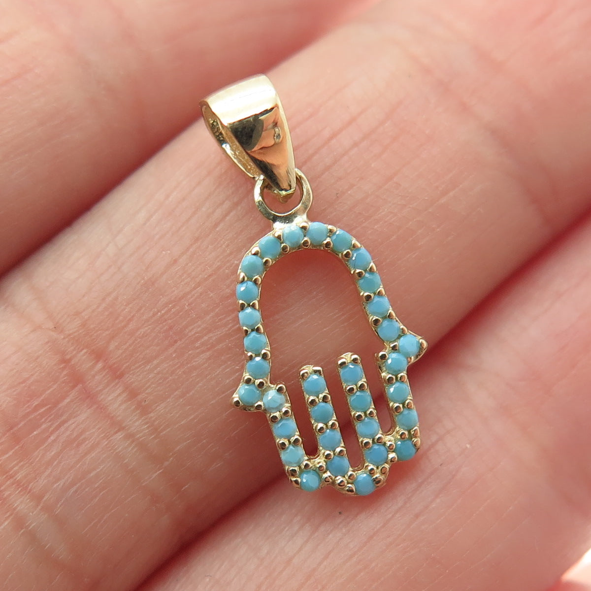 14K Yellow Gold Real Turquoise Hamsa Amulet Minimalist Charm Pendant