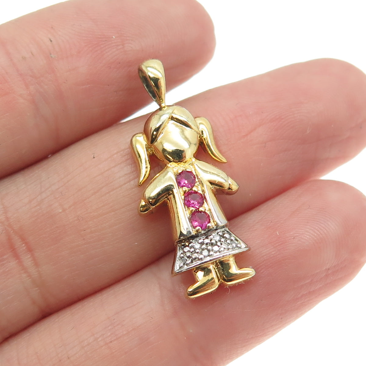 925 Sterling Silver 2-Tone Real White Diamond & Ruby Gemstone Girl Pendant