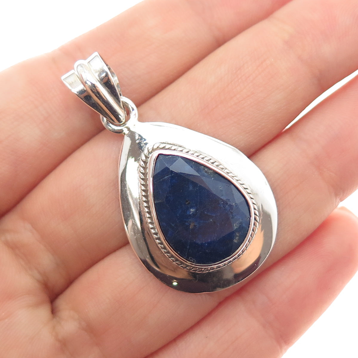 925 Sterling Silver Vintage Real Pear-Cut Sapphire Teardrop Charm Pendant