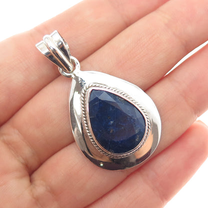 925 Sterling Silver Vintage Real Pear-Cut Sapphire Teardrop Charm Pendant