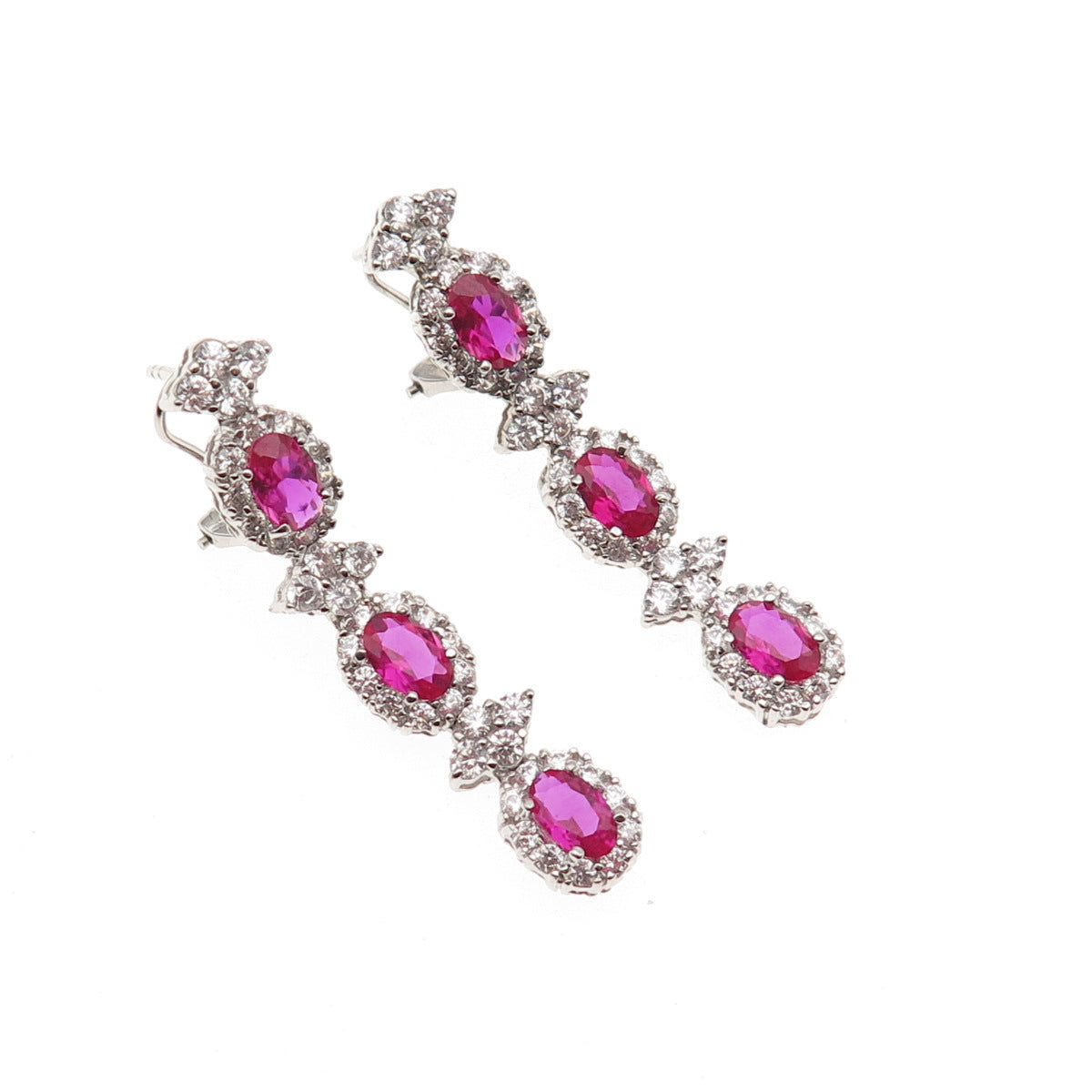925 Sterling Silver Lab-Created Ruby & C Z Bohemian Omega Back Earrings