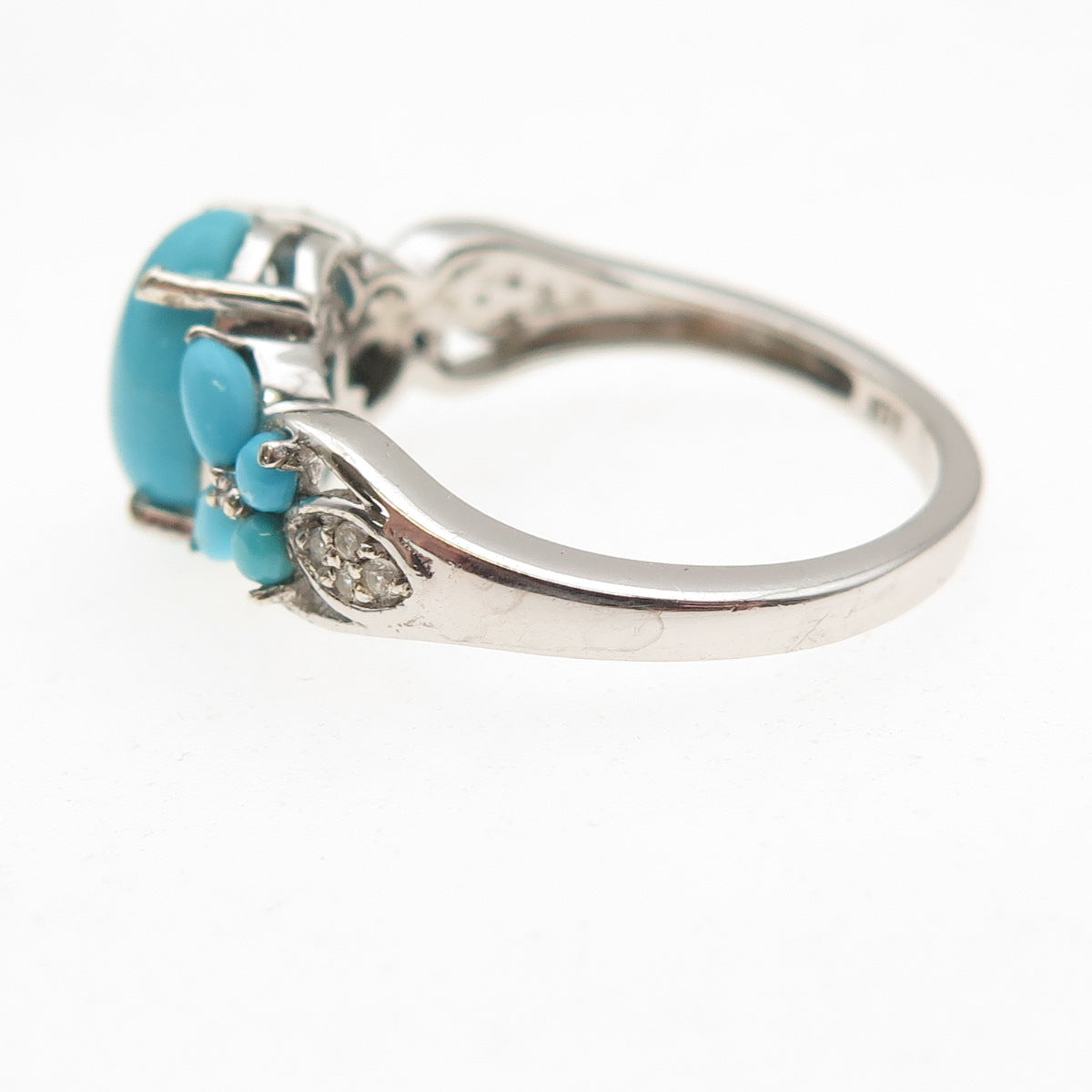 925 Sterling Silver Real Sleeping Beauty Turquoise & White Topaz Ring Size 8