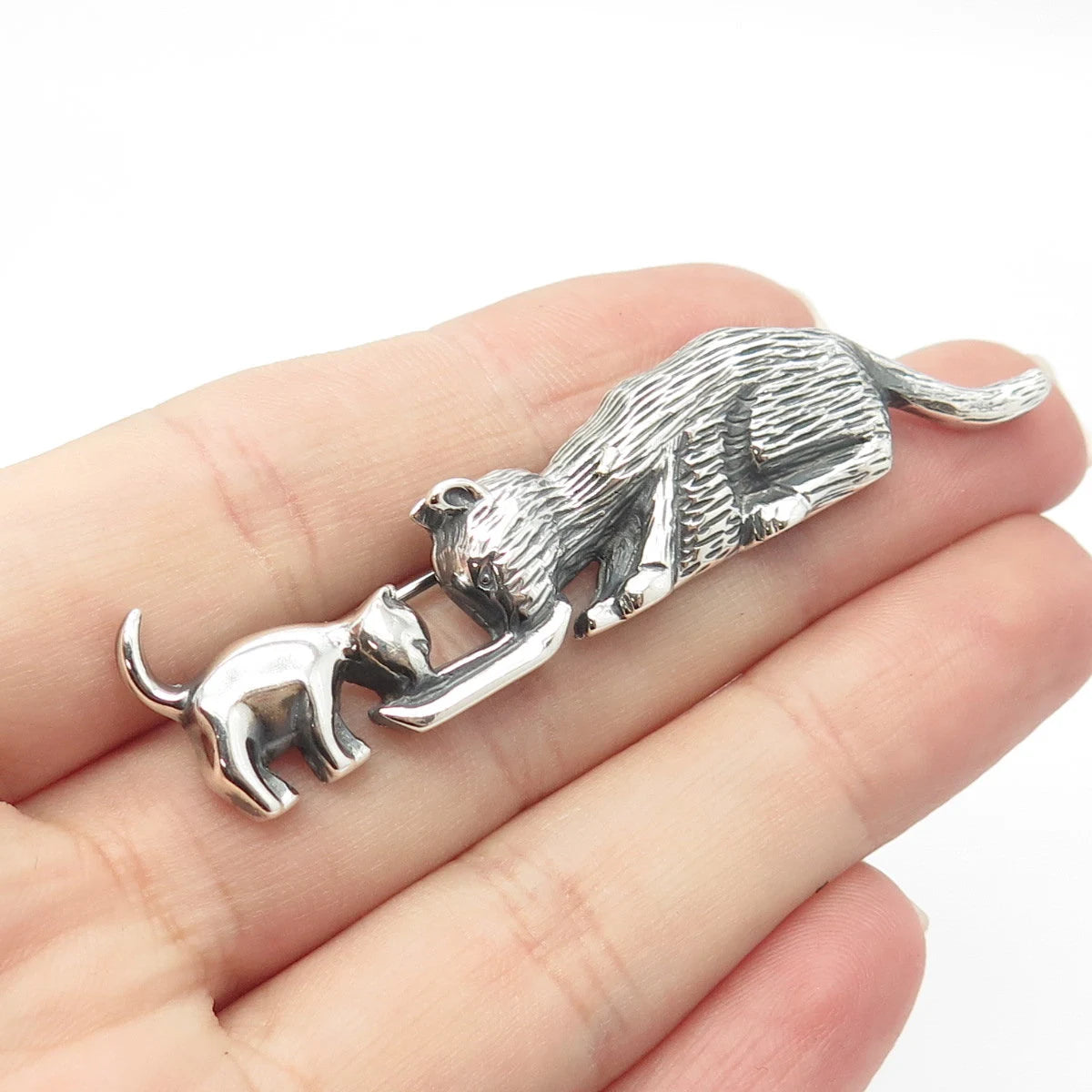 925 Sterling Silver Vintage Mexico Cat & Kitty Pin Brooch