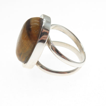 JOSE ANTON 925 Sterling Silver Vintage Mexico Tiger Eye Modernist Ring Size 8.5