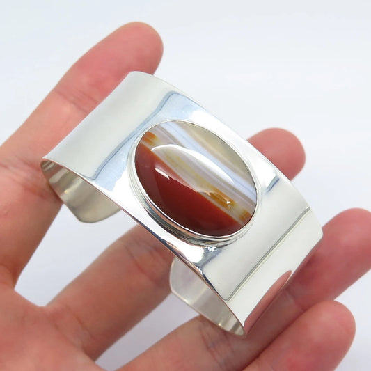 925 Sterling Silver Vintage Real Agate Gemstone Cuff Bracelet 6"