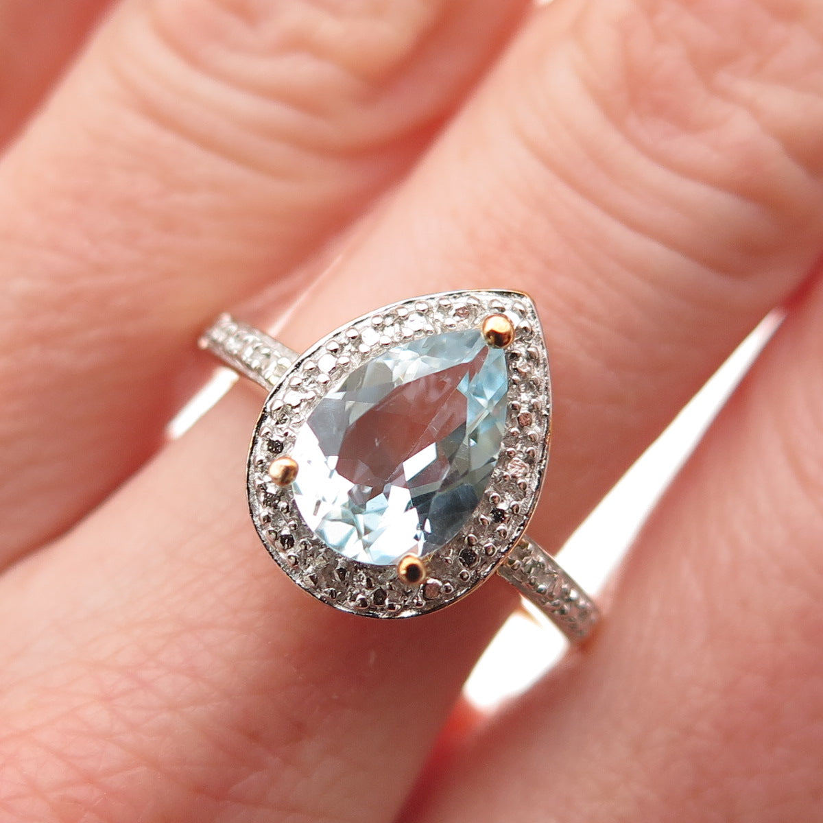 ROSS SIMONS 925 Sterling Gold Plated Real Diamond Accent Blue Topaz Ring Size 9