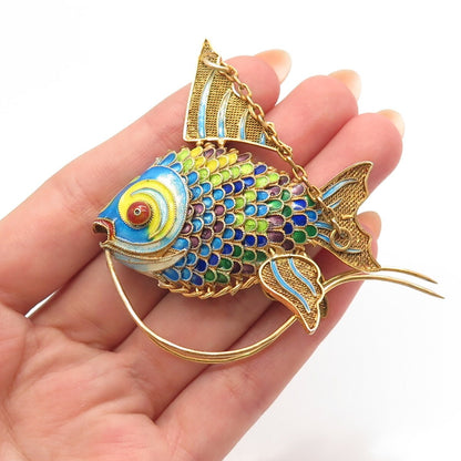 925 Sterling Silver Gold Plated Antique Enamel Chinese Koi Fish Articulated Fob