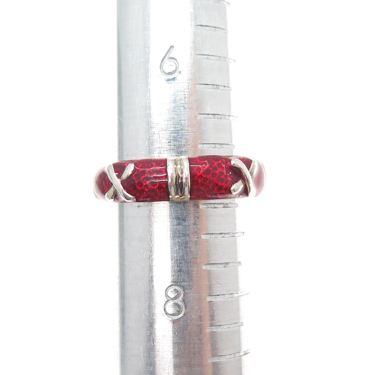 925 Sterling Silver 2-Tone Vintage Red Enamel X Band Ring Size 7.25
