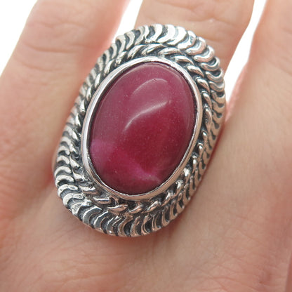 925 Sterling Silver Vintage Real Rhodonite Chain Link Oxidized Ring Size 10.5