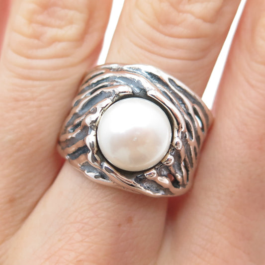 HAGIT GORALI Sterling Silver Vintage Israel Real Pearl Modernist Ring Size 10
