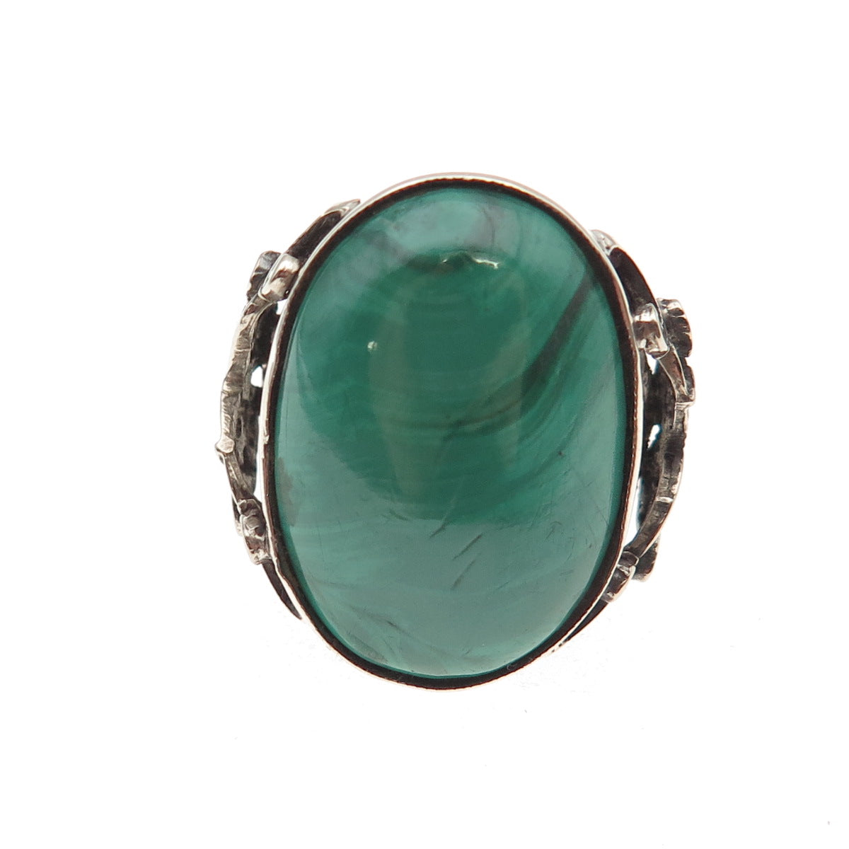 925 Sterling Silver Antique Art Deco Real Malachite Floral Oxidized Ring Size 7