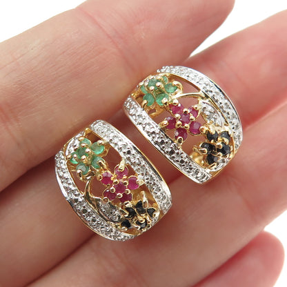 ROSS SIMONS 925 Sterling 2-Tone Diamond Accent Sapphire Ruby Emerald Earrings