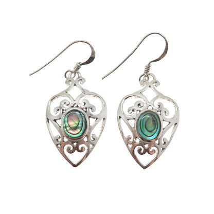 925 Sterling Silver Vintage Real Abalone Shell Ornate Heart Dangle Earrings