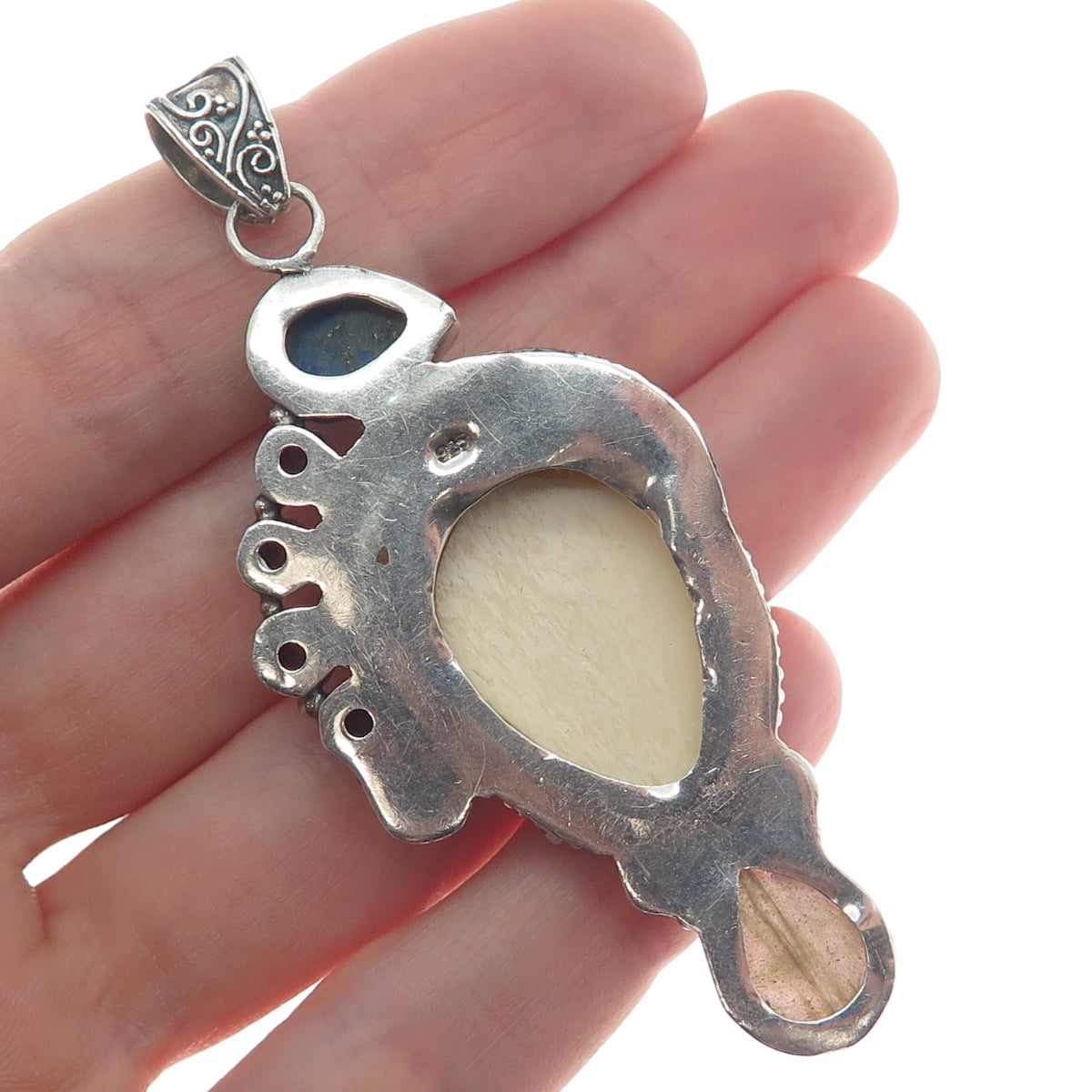 925 Sterling Silver Vintage Ruby Lapis Turquoise Labradorite Goddess Pendant