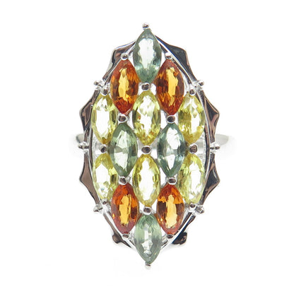 DSMK 925 Sterling Silver Real Oval-Cut Multi-Color Sapphire Cluster Ring Size 7