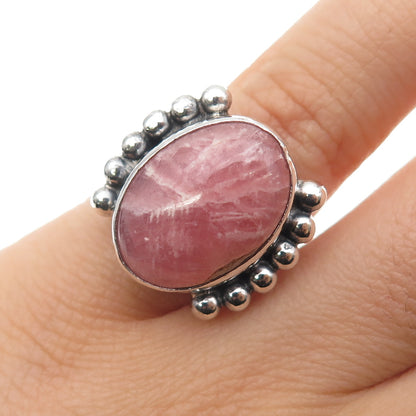 Old Pawn 925 Sterling Silver Vintage Rhodochrosite Beaded Oxidized Ring Size 5.5