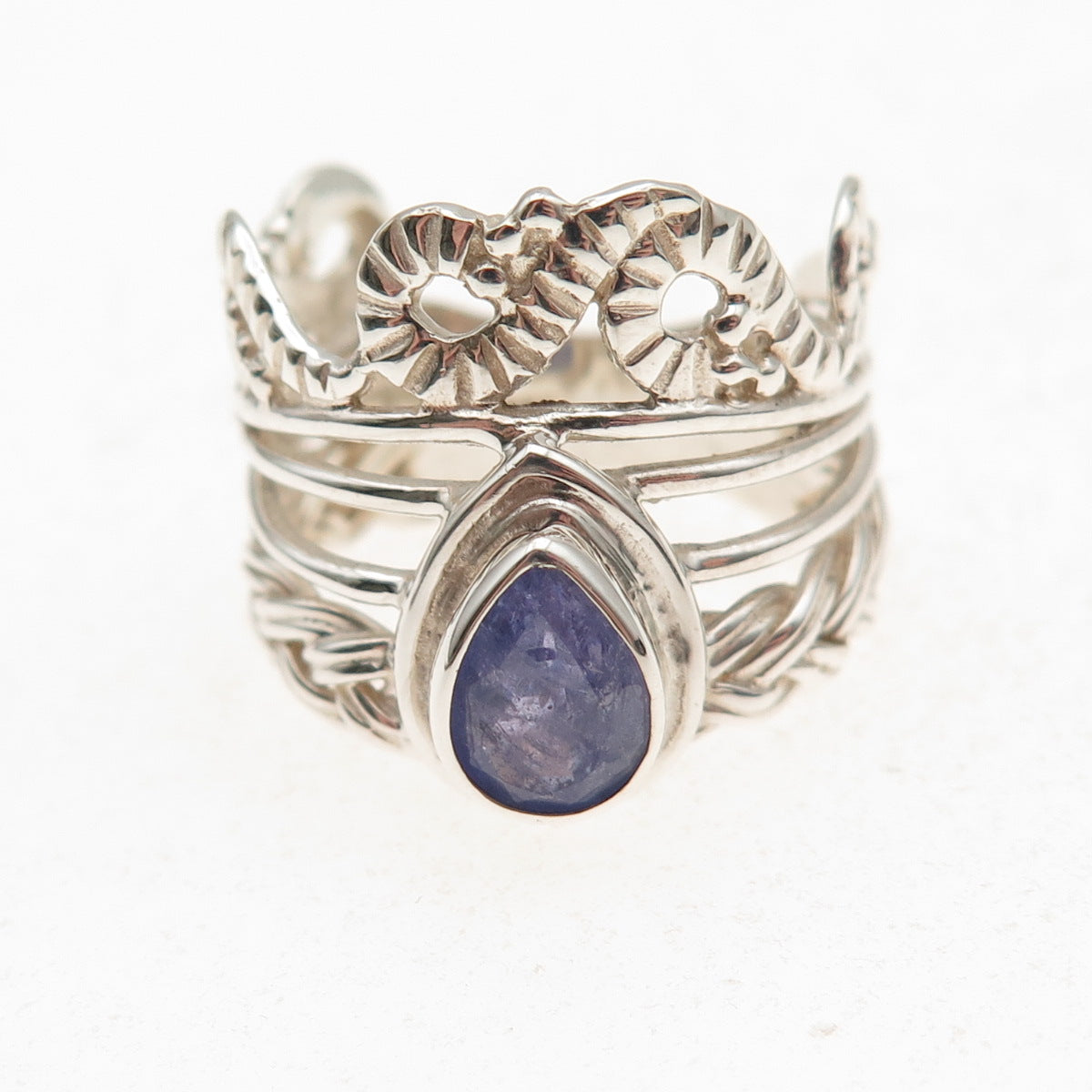 925 Sterling Silver Real Pear-Cut Tanzanite Oxidized Ring Size 8.5