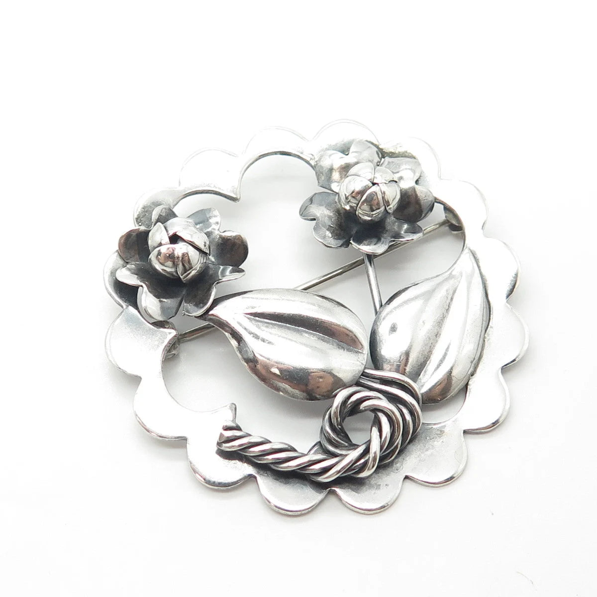 925 Sterling Silver Vintage Hand Made Floral Leaf Pin Brooch