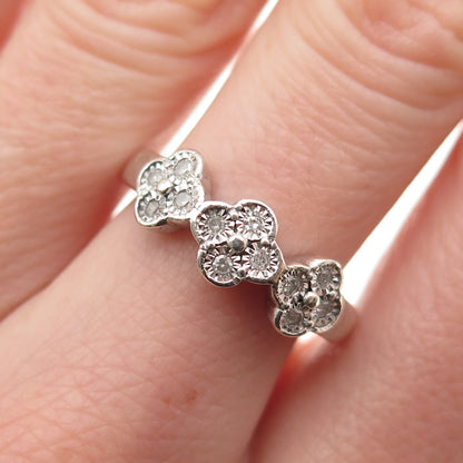 925 Sterling Silver Real Round-Cut Diamond Floral Ring Size 7