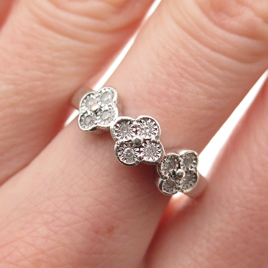 925 Sterling Silver Real Round-Cut Diamond Floral Ring Size 7